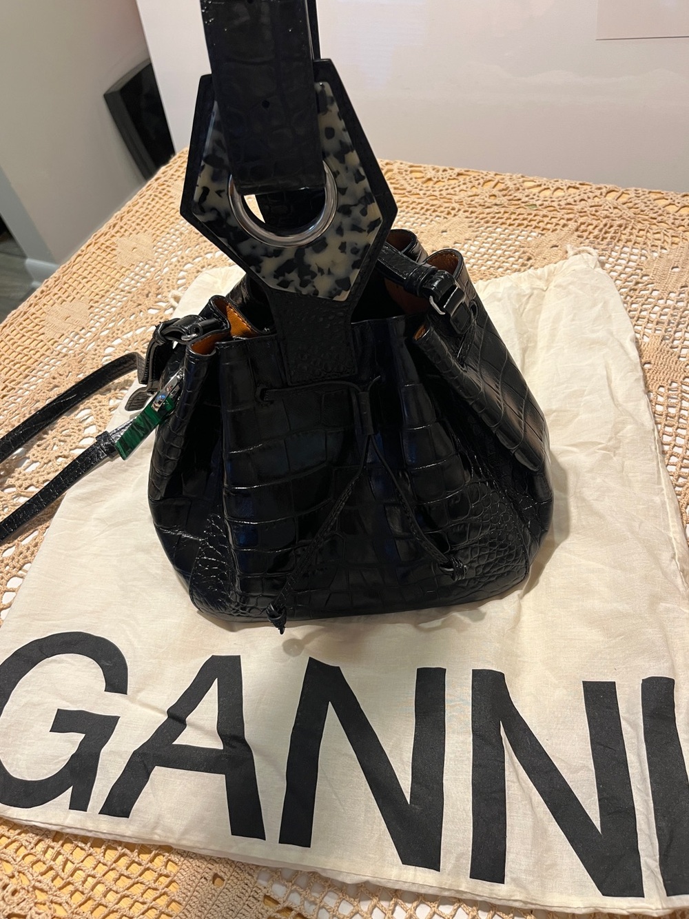 GANNI Black Croc-Embossed Leather Bucket Bag
